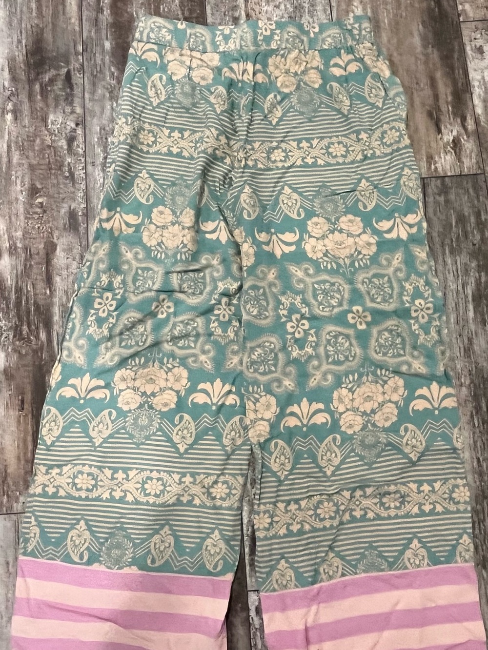 Matilda Jane Teal Floral Wide-Leg Bottoms with Pink Striped Hem - Picture 6 of 6